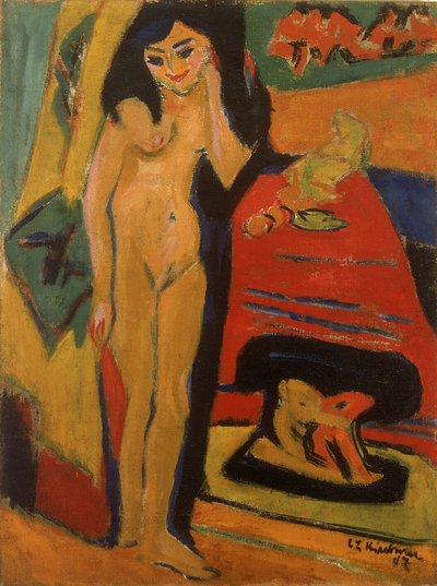 Nacktes Mädchen hinter Vorhang von Ernst Ludwig Kirchner